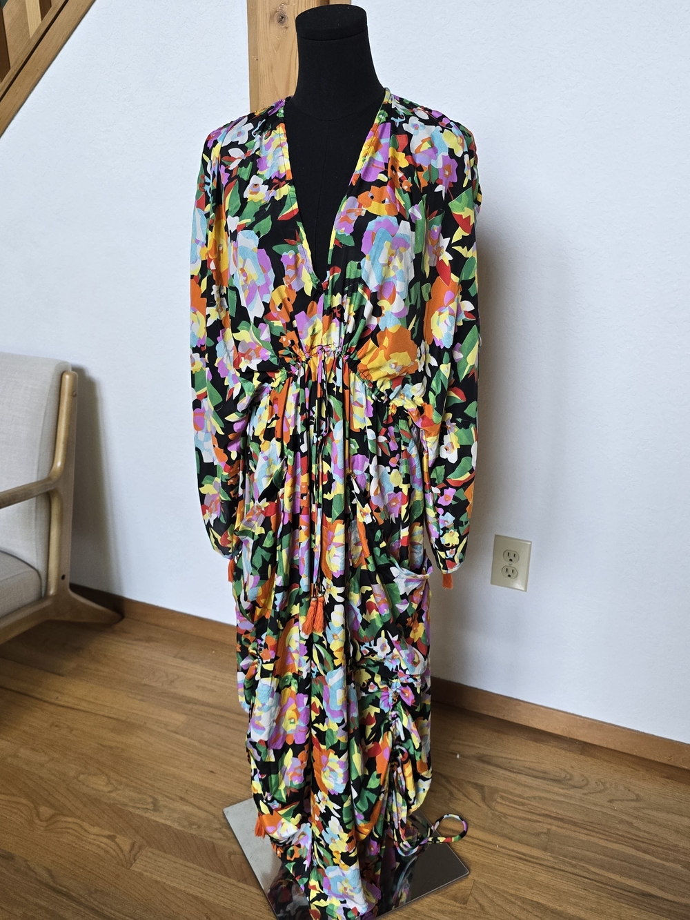 Floral V-Neck Long Sleeve Maxi Dress - Black Multi